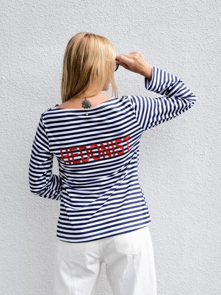 Cotton Mariniere longsleeve shirt | blue striped boat neck top | Blue and White women sweatshirt | Classic Sailor Shirt With Hedonist print