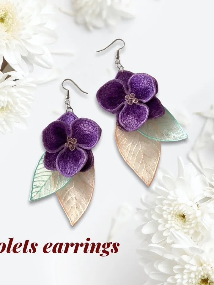 Machine embroidery design violets earrings Digital embroidery pattern Flower motif 3D embroidery chart butterfly embroidery design