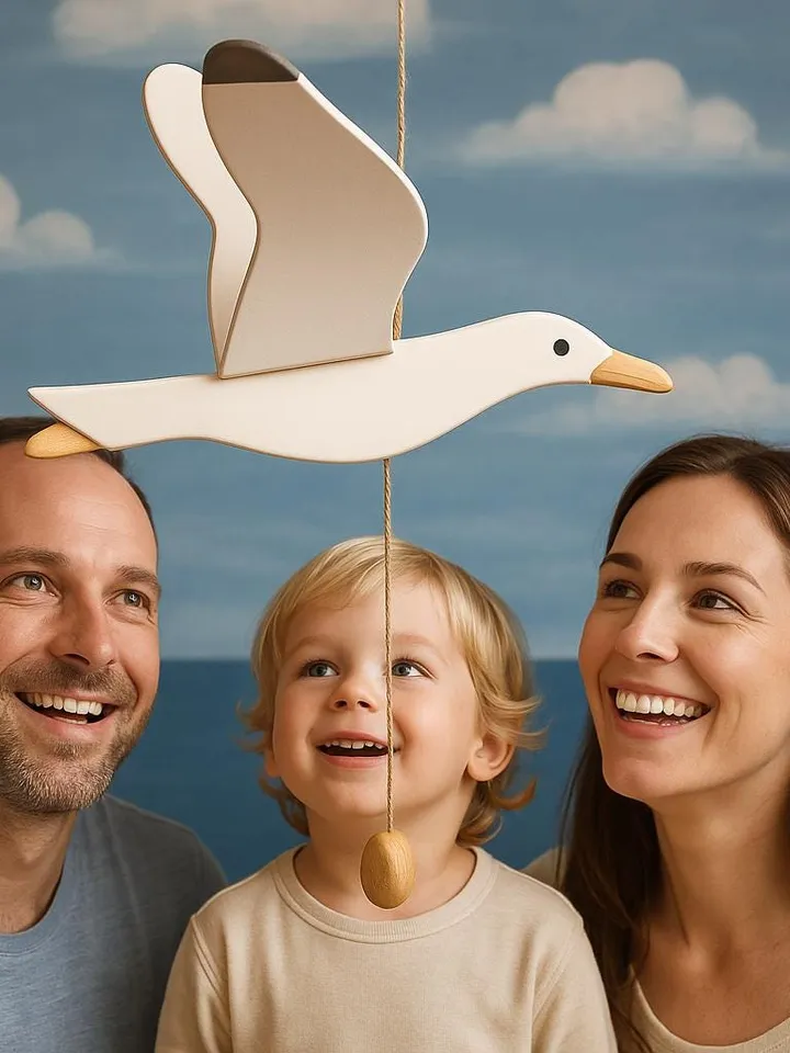 Wooden Gull Mobile β Handmade Flying Bird Toy with Moving Wings | Natural Wood Nursery Decor & Coastal Gift for Kids or Adults
