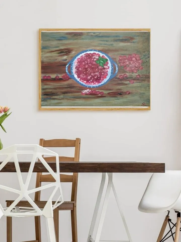 Still life with fruits, plate with cranberries in sugar on wooden table, painting for kitchen, canvas 18x14 inches