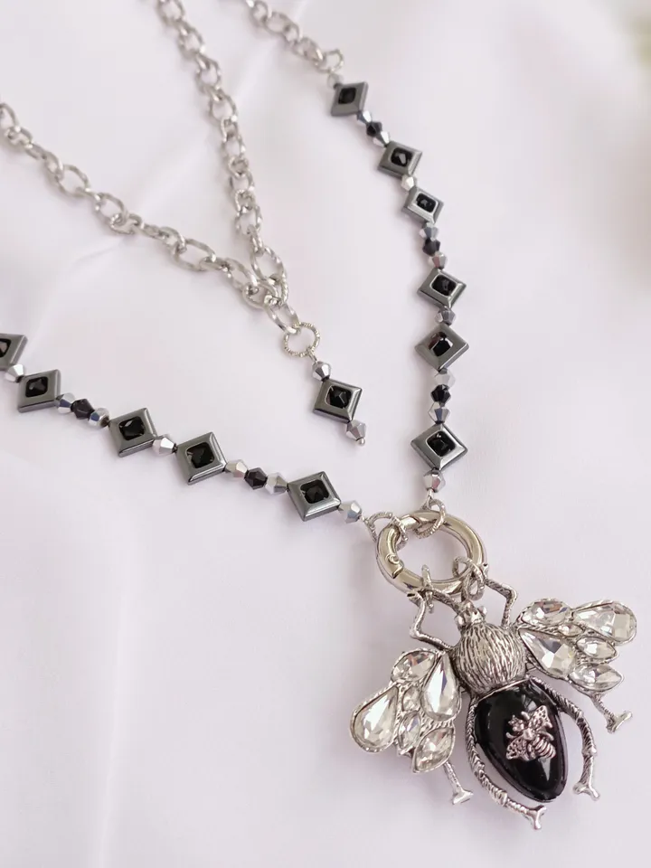 Handmade luxury bee necklace, silver bee pendant, statement bee jewelry, bee gift for her, long bee necklace