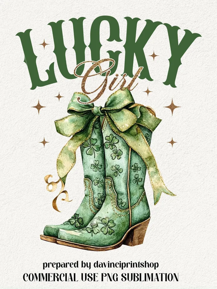 Lucky Girl PNG, St Patrick's Day Cowboy Boots png, Aesthetic png, Green Shamrock Bow png, Lucky St Patrick's Day png, Cowgirl png, Shamrock