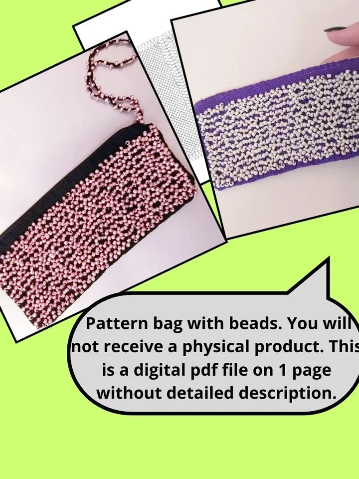 Pattern handbag with beads woven on bobbins. Fashionable accessory.
