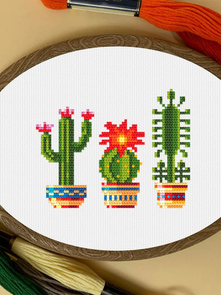 Cactus plant cross stitch pattern PDF download, Easy small cross stitch chart, Floral cross stitch sampler, Blooming cactus embroidery #P23