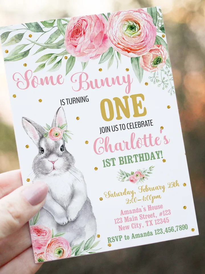 Some Bunny is One Birthday Invitation Girl 1st Birthday Invitation, Bunny Birthday Invitation Instant Download, Editable Template