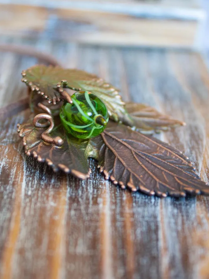 Unique handmade copper pendant made of nature leaves in a single copy, original gift