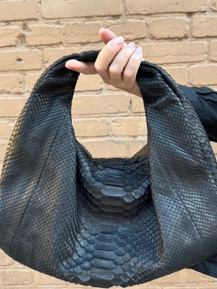 Small Soft Hobo Classy Sport Woman Bag | Purse Genuine Python Skin | Reptile Skin Products | Black Elegant Leather Designer Soft Bag Snake