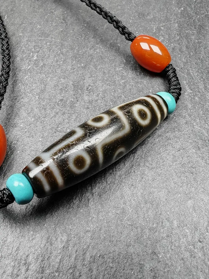 Gandhanra Vintage Tibetan 9 Eyes Dzi Bead Necklace,Protective Charm,Spiritual Gift,1.5" x 0.4"