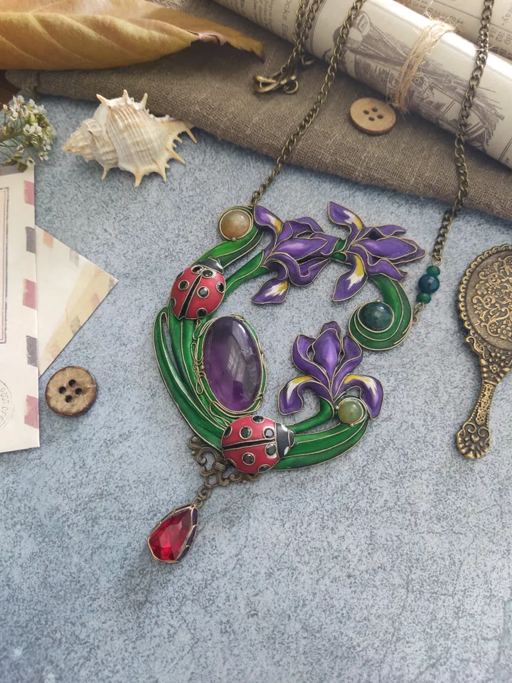 Japanese Iris, Fringed Iris Necklace, Shaga Flower, Ladybugs necklace