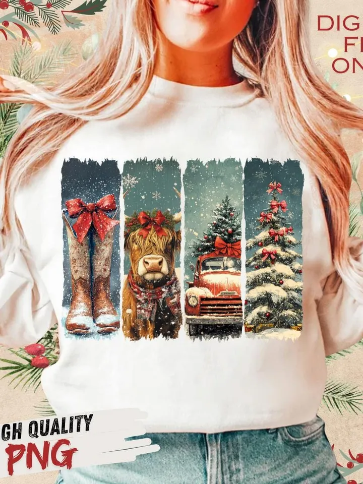 Vintage small town christmas PNG, Cowgirl Png, Small town girl Christmas PNG, highland cow Christmas png, Christmas western png