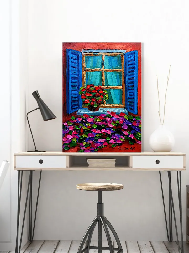 Window Painting Italy Original Art Flower Painting Geranium Floral Art Italian Colorful Small Art 12"x 8" By Colibri Art