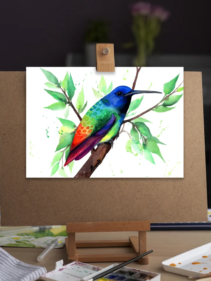 Colorful Hummingbird original watercolor, bird on the branch painting, colibri portrait room decor, 8x11 in wall art for bird lovers handmade by Anne Gorywine