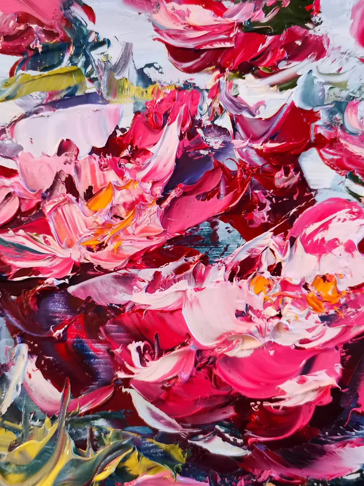 Oil Painting Peony Flowers Bushes Landscape Impasto Original Artist Svinar Oksana