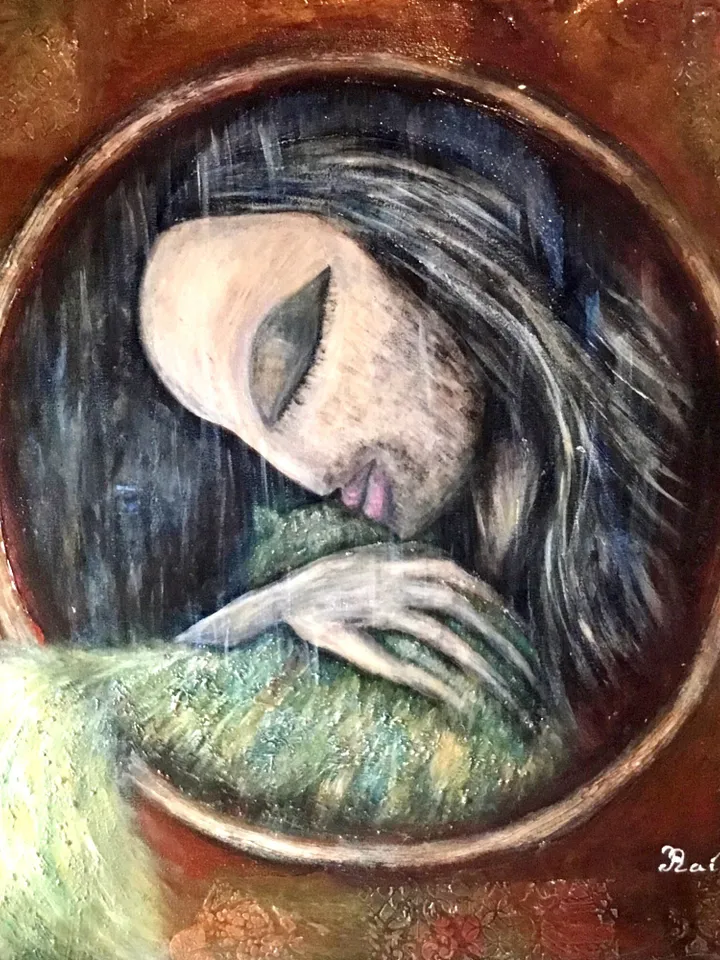 One of a kind painting- fantasy man with a green cat,original acrylic painting.Stretched canvas.