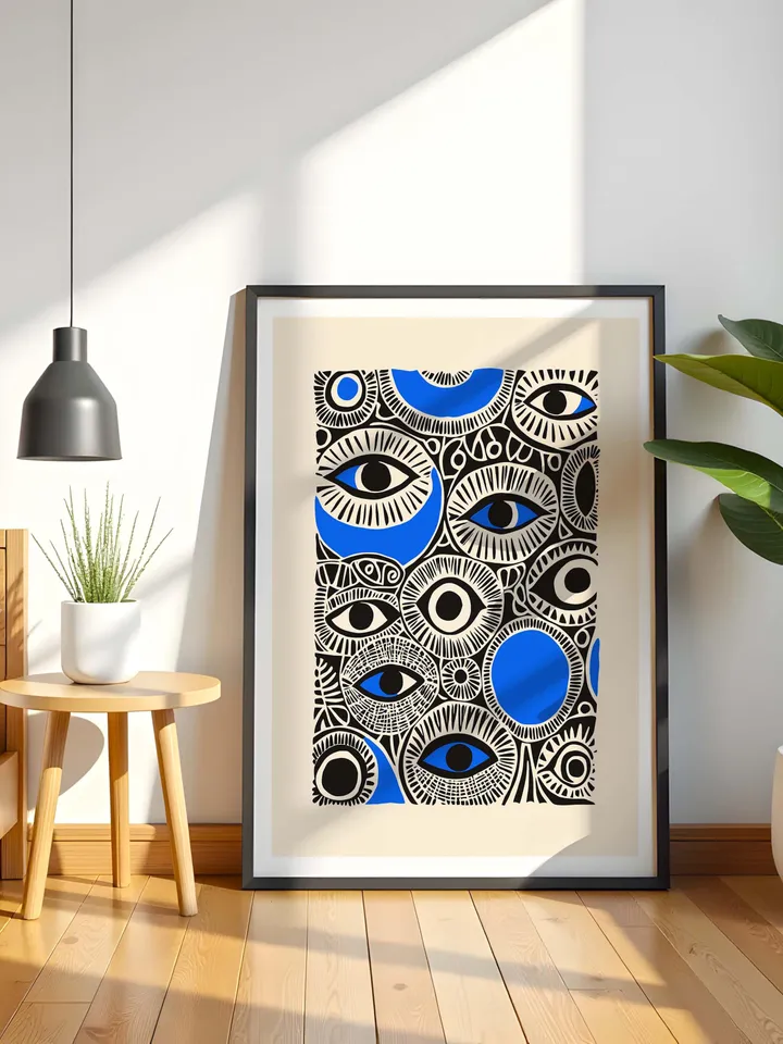 Abstract Eye Collage Print, Surreal Eye Wall Art, Bold Blue Black Poster, Eclectic Eye Decor, Whimsical Illustration, Digital Download
