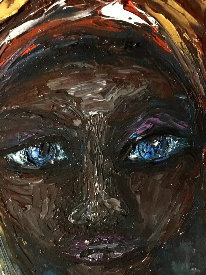 African girl original oil painting on stretched canvas,woman in a headscarf with earrings,,small gift,home decoration.