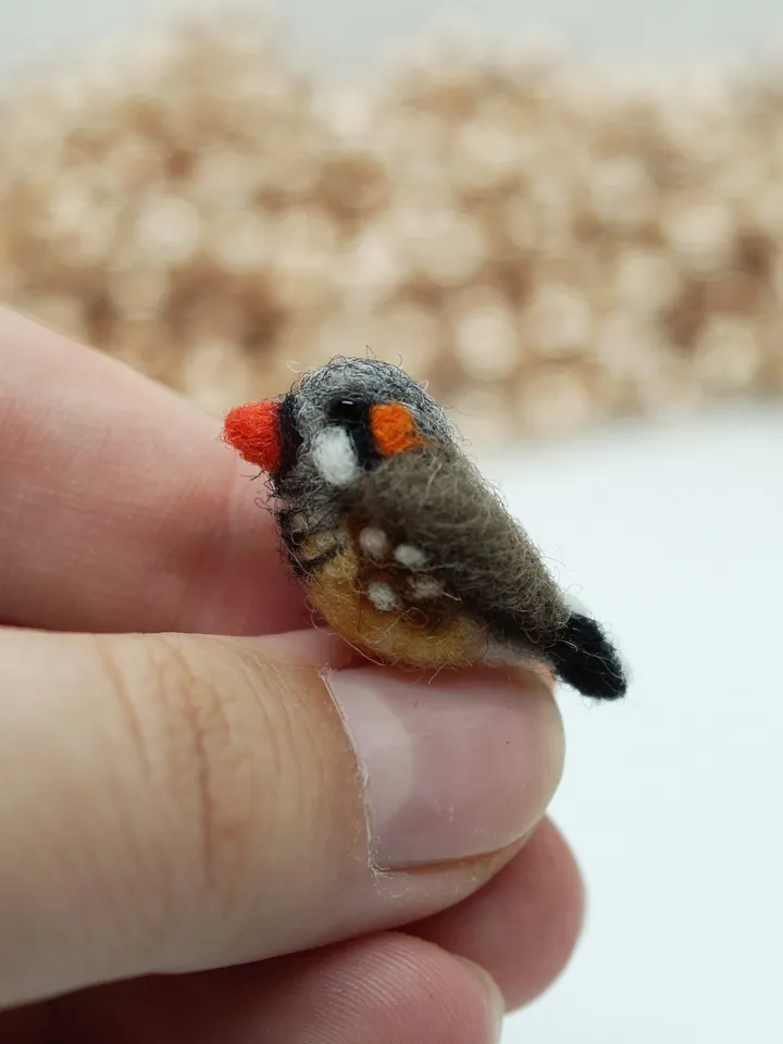 Miniature needle felted zebra finch, tiny bird, made to order