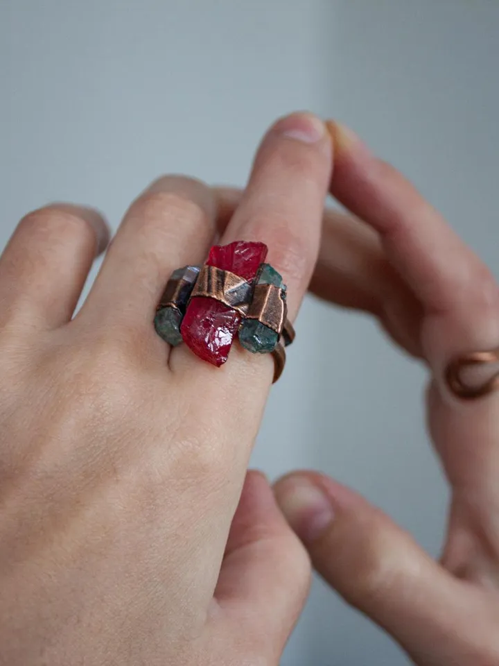 Unique handmade quartz ring in a copper frame made using the electroforming process