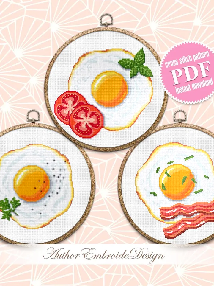 Fried egg cross stitch pattern PDF download Set of 3 Breakfast cross stitch, Egg pattern digital PDF, Fried egg with bacon and tomatoes #F24