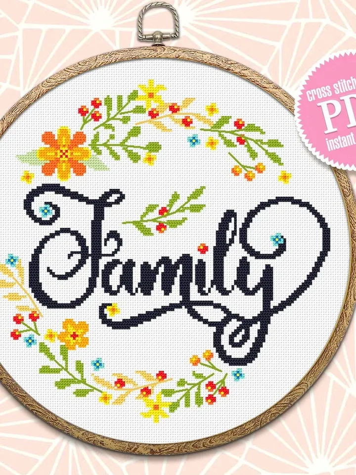 Family sign cross stitch pattern download PDF Framed quote cross stitch chart, Flower wreath cross stitch, Family wall decor #Q19