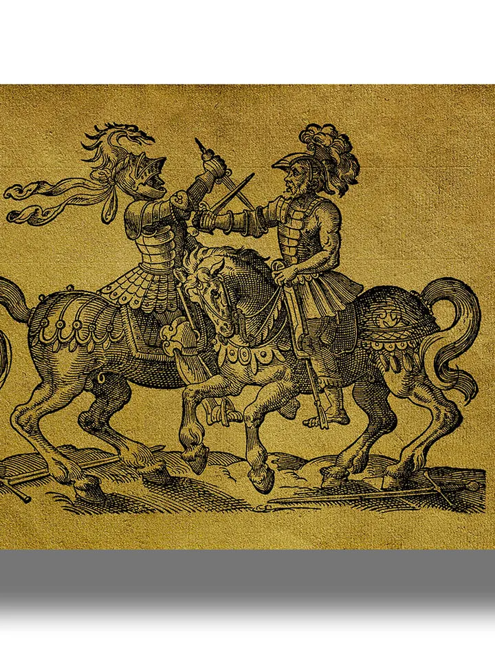 Battle Medieval Knights. Medieval style reproduction. Historical wall hanging.