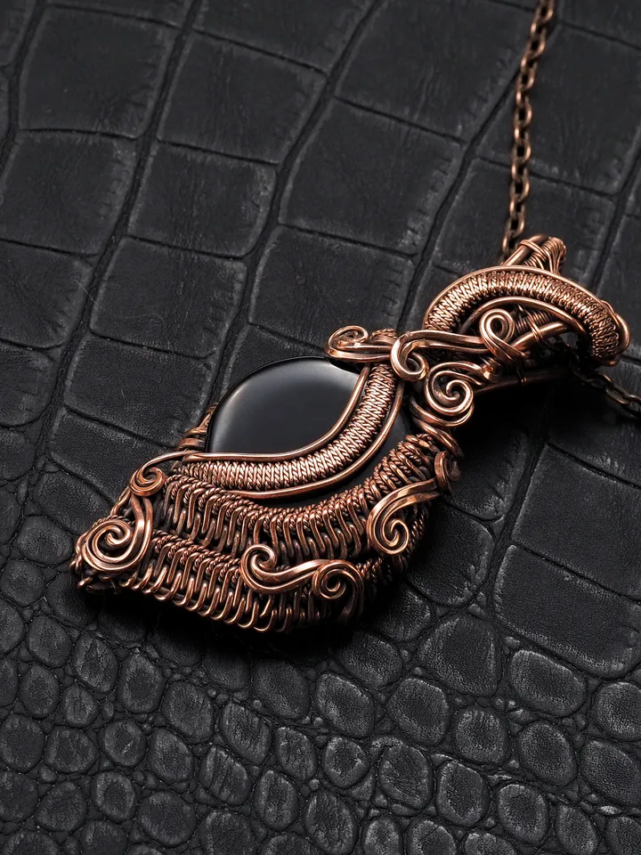 Unique copper wire wrapped pendant this natural Black Onyx Healing wire weave statement necklace for her woman Art