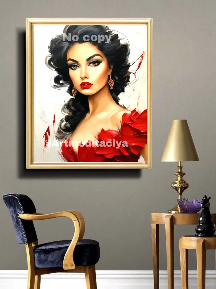Digital abstract 3d textural painting "Carmen" in impasto style, painted in oil with a palette knife on an abstract white background. This is a concise image of a beautiful charismatic Spanish brunette with expressive brown eyes in a red outfit with earri