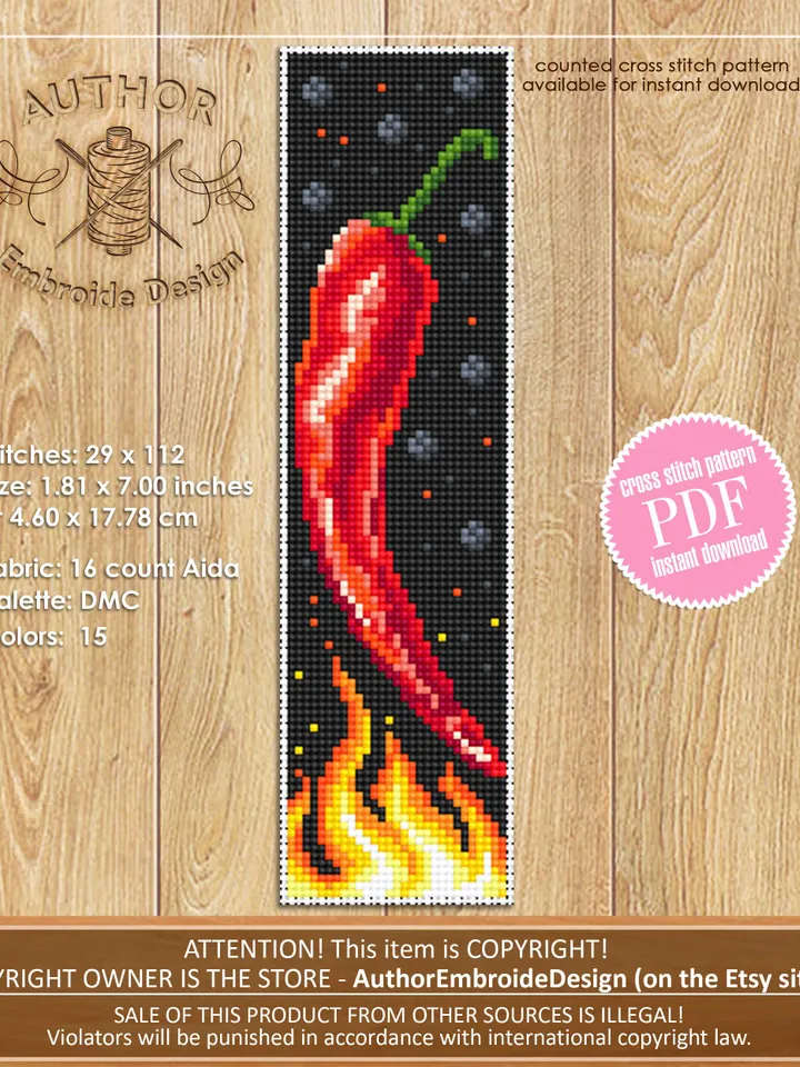 Funny bookmark cross stitch pattern download PDF Hot chili pepper cross stitch chart, Digital bookmark pattern PDF, Kitchen embroidery #B148