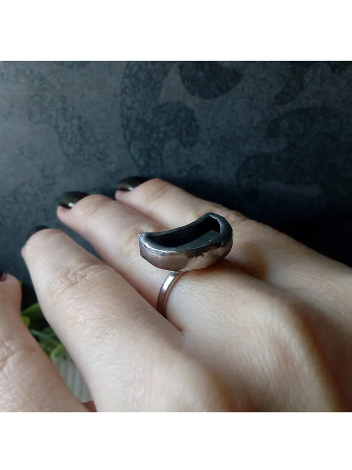 Mirror crescent ring, moon ring, stained glass ring, protection ring, Halloween ring, witchy aesthetic, soldered ring