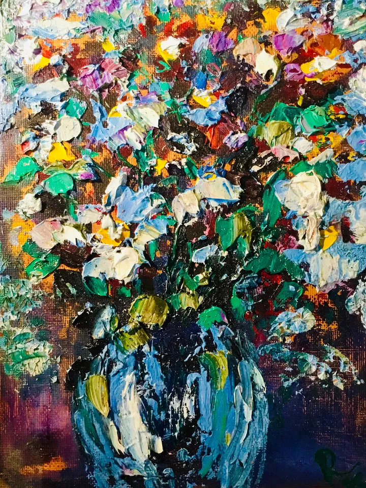 Triptych- original oil painting on canvas boards,flowers in a vase impasto style textured paintings, unique handmade gifts, home decoration.
