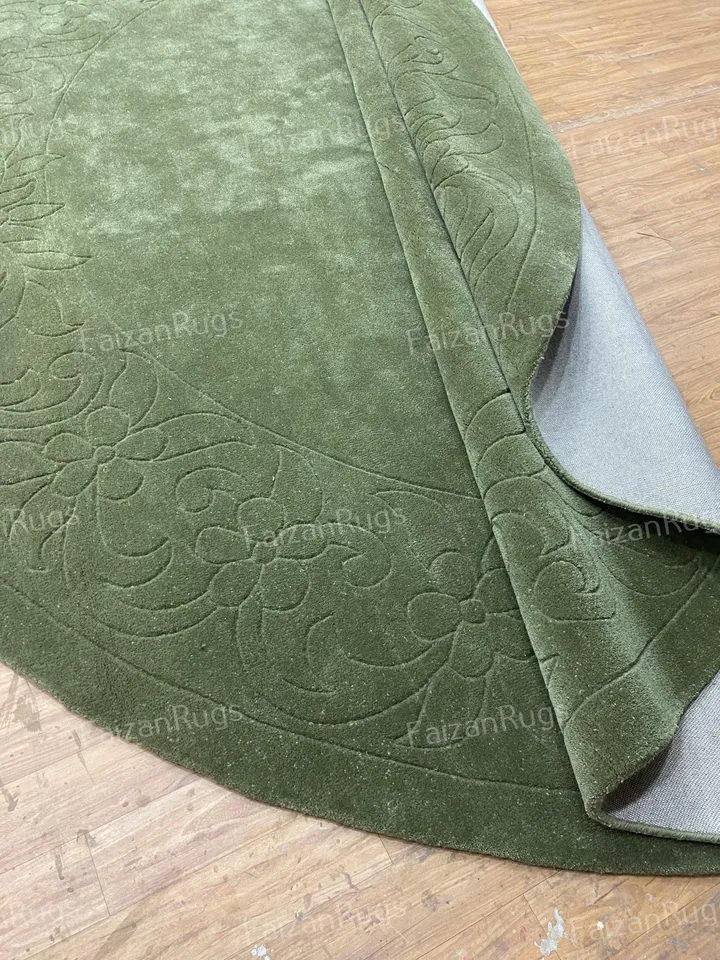 Ready to Ship 11x11 Green Hand Tufted Rug | Hand Carving Rug | Circle Shape Rug 100% Wool For Kids Room | Living Room | Bed Room Nursery