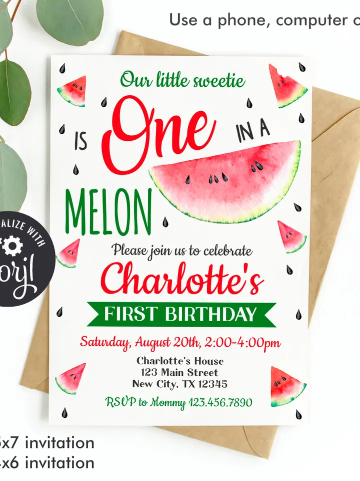 One in a melon invitation, Watermelon Birthday Invitation, 1st Birthday invitation Instand Download, Editable Template