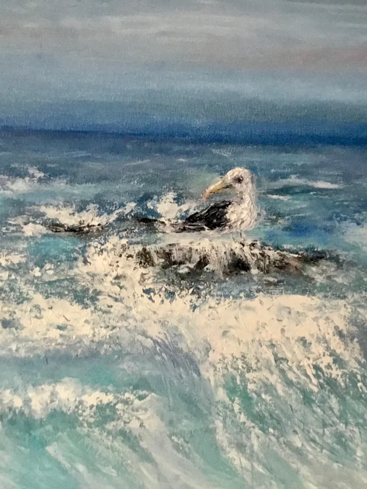 Seascape and a seagull oil painting hand made,waves,stones and a beach.Stretched canvas. Size 50/70 sm,27.5/19.6 inches.