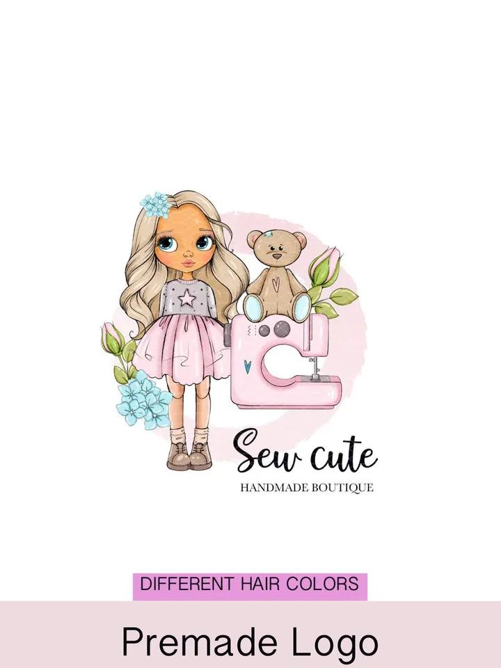 Cute sewing premade logo design with doll