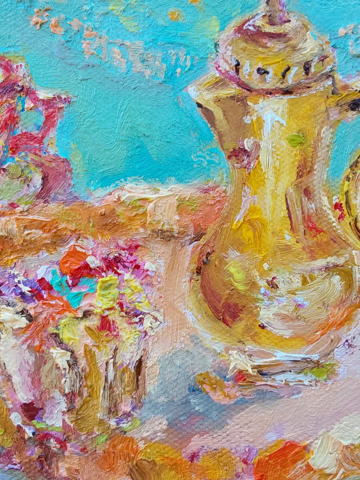 Oil painting on canvas 20x20cm (8x8inch) "Coffee. Afternoon dessert"