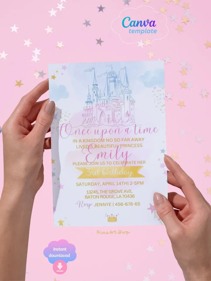 Watercolor Princess Castle Birthday Invitation Card - Editable Canva Template