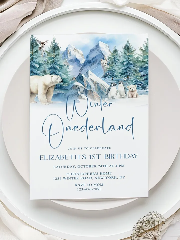 Winter Onederland 1st Birthday Invitation, Snow Woodland 1st Birthday Invite, Winter Onederland, Printable 1st Birthday Invitation - i131