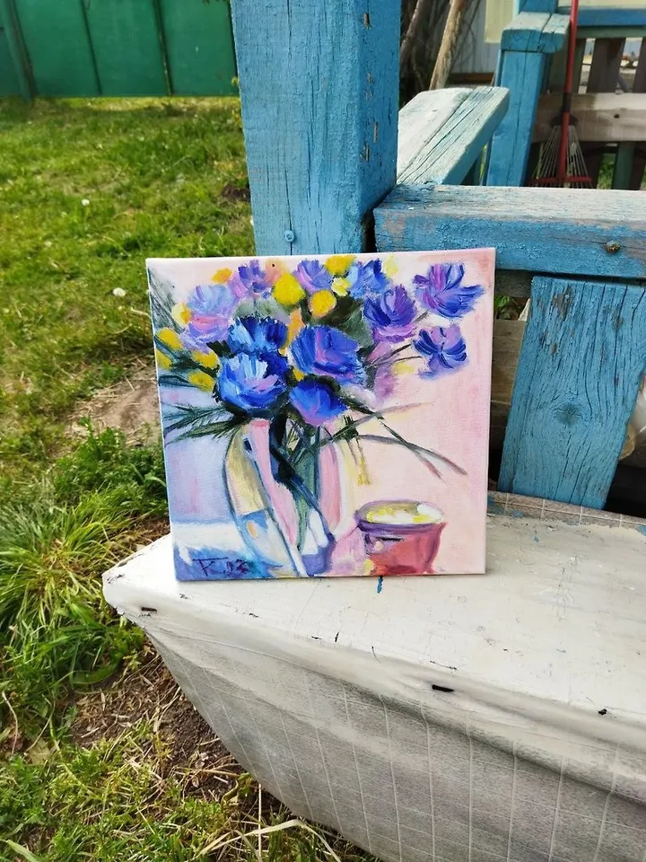 Original oil painting on canvas, Garden still life, 30x30 cm.