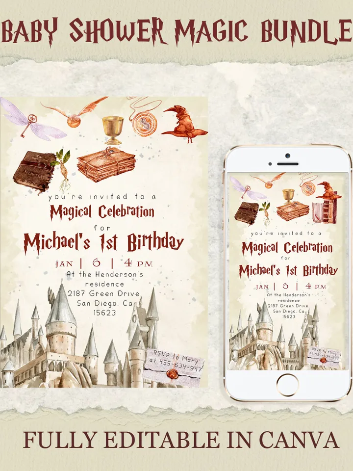 Wizard School 1st Birthday; Magic School Party Invite Template; The Chosen One Wizard Birthday Invitation; Magical First Birthday canva diy