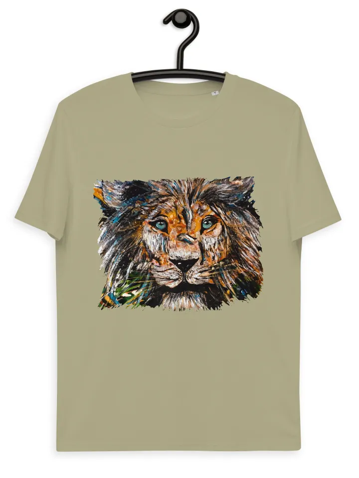 Unique design Lion Unisex organic cotton t-shirt made from  my original mix media artwork on glass,wild animals t shirts, wearable art gifts