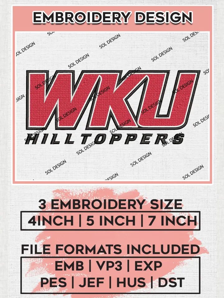 WKU Hilltoppers Team Word Logo Embroidery Design Files, NCAA Western Kentucky Hilltoppers Machine Embroidery, NCAA Teams, Game Day, 3 sizes, NCAA Machine embroidery designs, Digital Download
