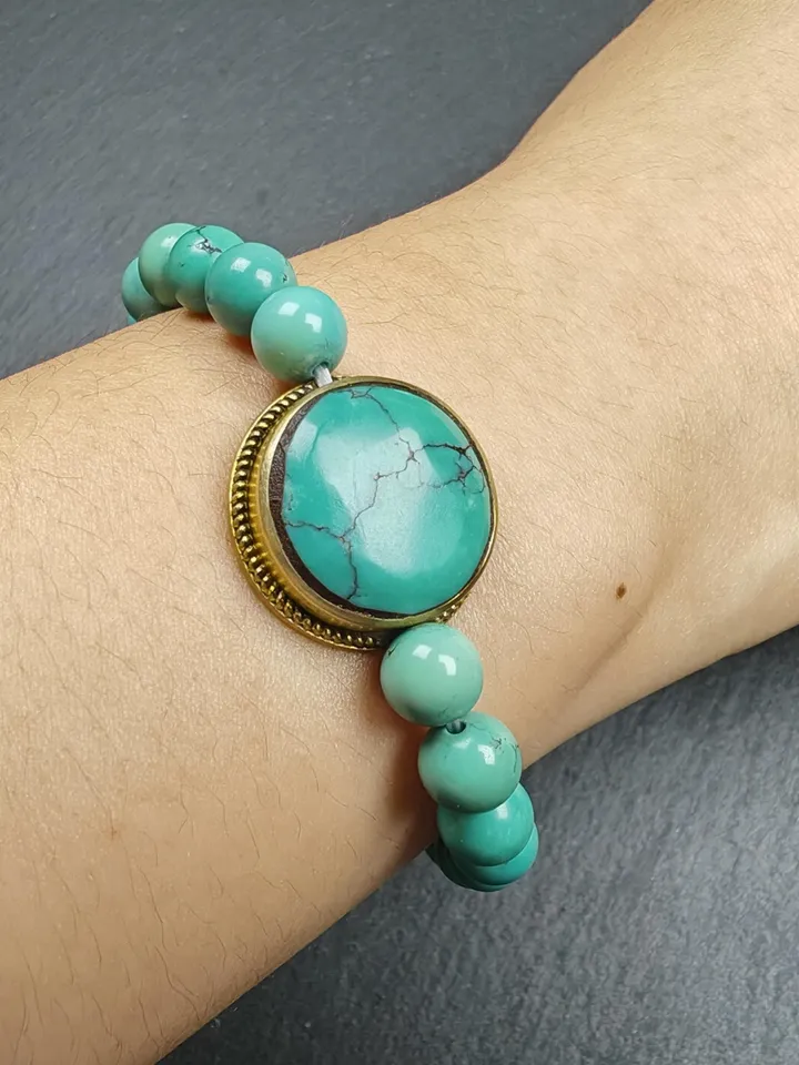 Gandhanra Authentic Original TURQUOISE Gemstones TIBETAN BRACELET - Old Beaded Wrist Mala Bracelet,7mm Beads, 19cm perimeter
