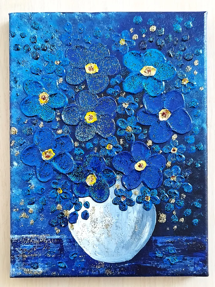 Flower Bouquet Blue Textured Painting Wall Decor