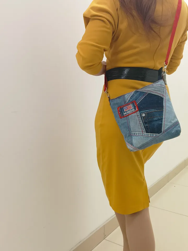 Small denim crossbody or shoulder bag, handmade in crazy patchwork style from environmentally friendly jeans material
