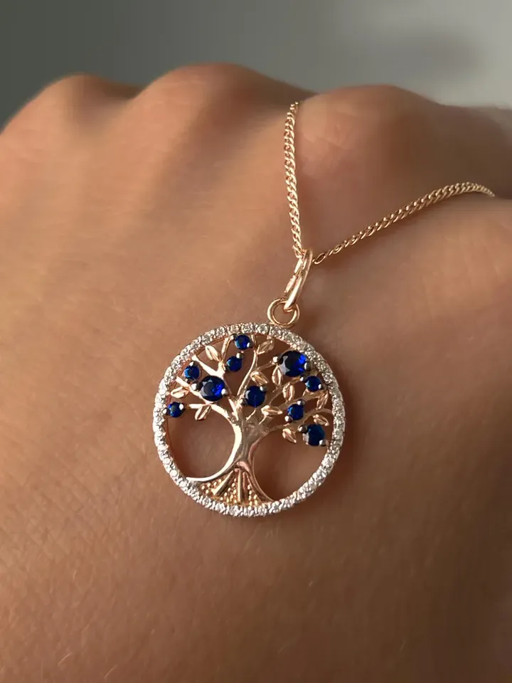Pendant silver 925 on the neck, gold 585 coating, tree of life, with nano sapphire