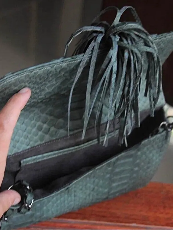 Genuine Python Skin Clutch with tassel |women purse | exotic leather bags | dark green evening clutch | designer crossbody bag handmade