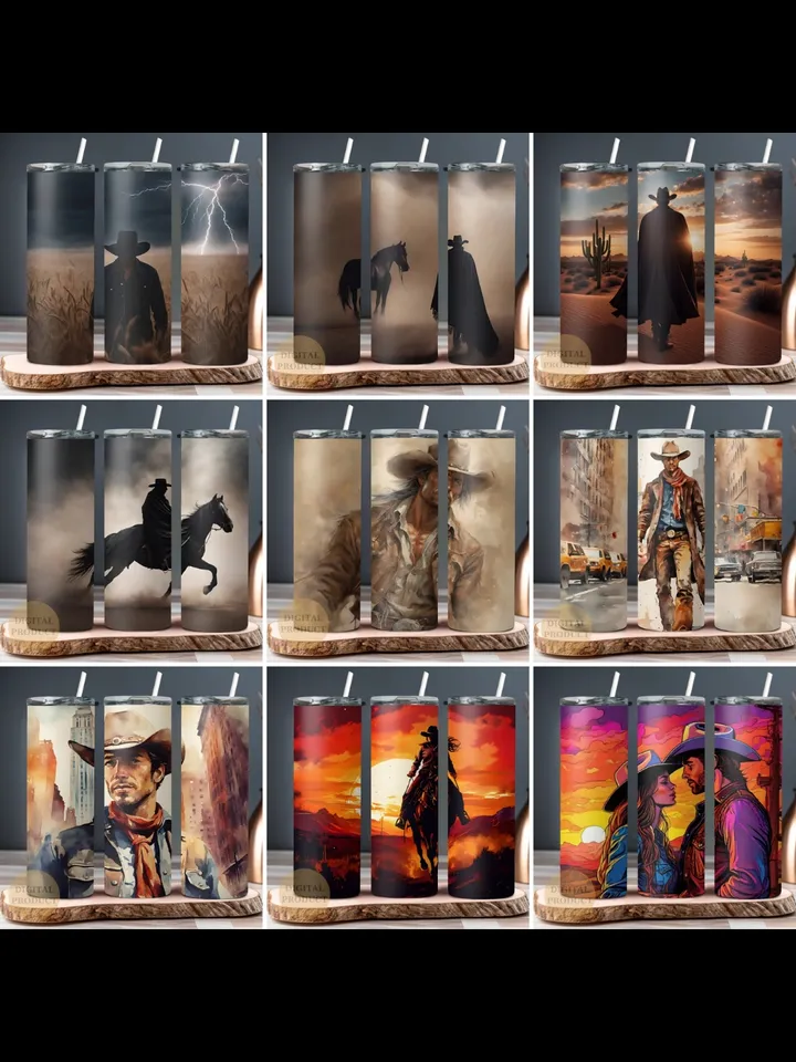 10 Western Cowboy 20 Oz Tumbler Wraps png Bundle, Cowboy and Cowgirl Bundle Sublimation Tumbler Designs png, Cowboy and Cowgirl on Horse