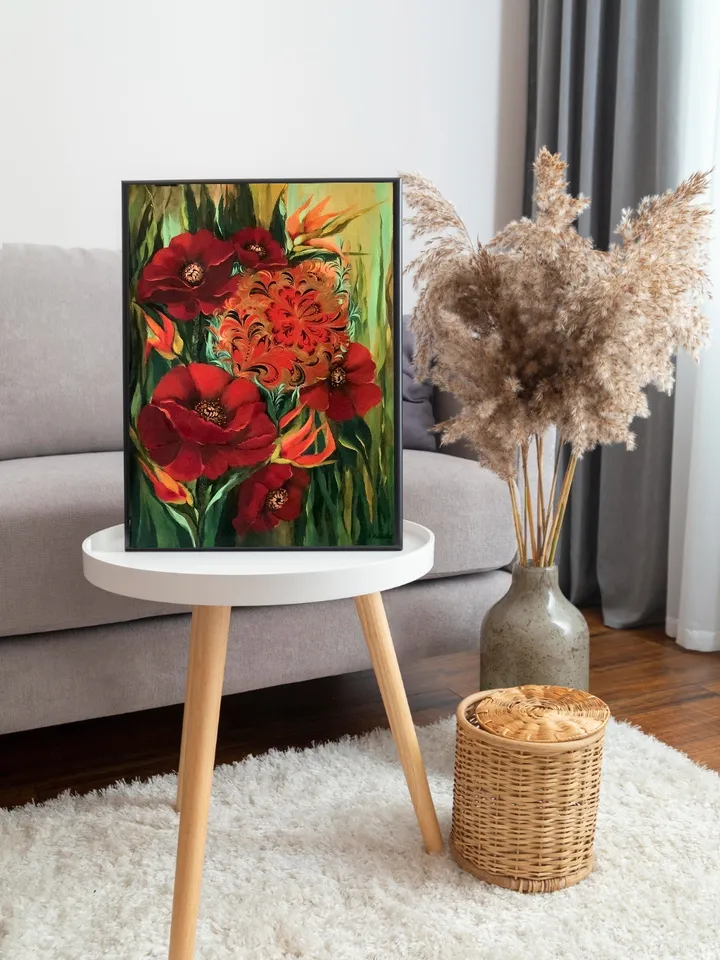 Poppies Painting Folk Art, Traditional art style Khokhloma