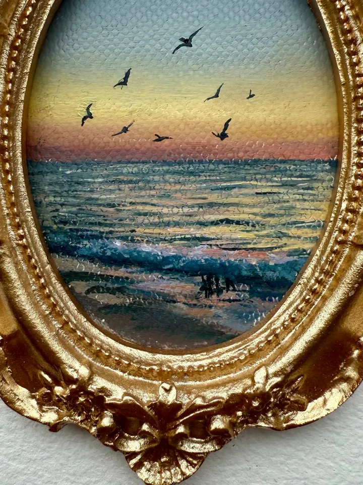 Ocean Sunset Landscape Oil Painting Original In Vintage Style Frame Small Framed Antique Style Painting Art Vintage Seascape Painting Coastal Artwork