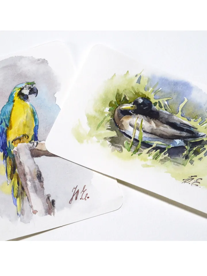 Small watercolor postcard Original duck painting by Yulia Evsyukova